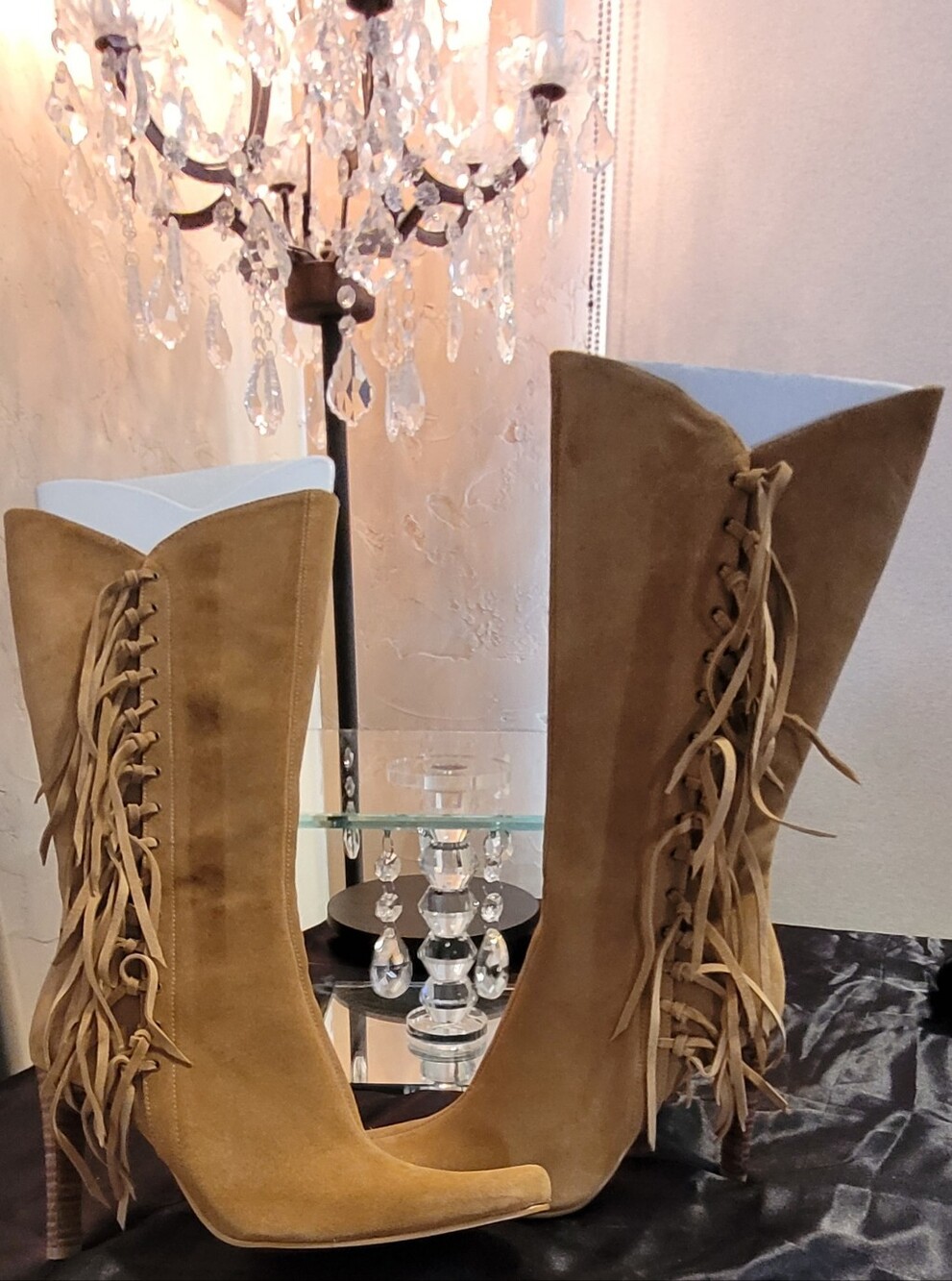 MIA Tan Suede Fringed Tall Western Boots. Y2K Size 6.5 Stiletto Heels 4in - Picture 15 of 17